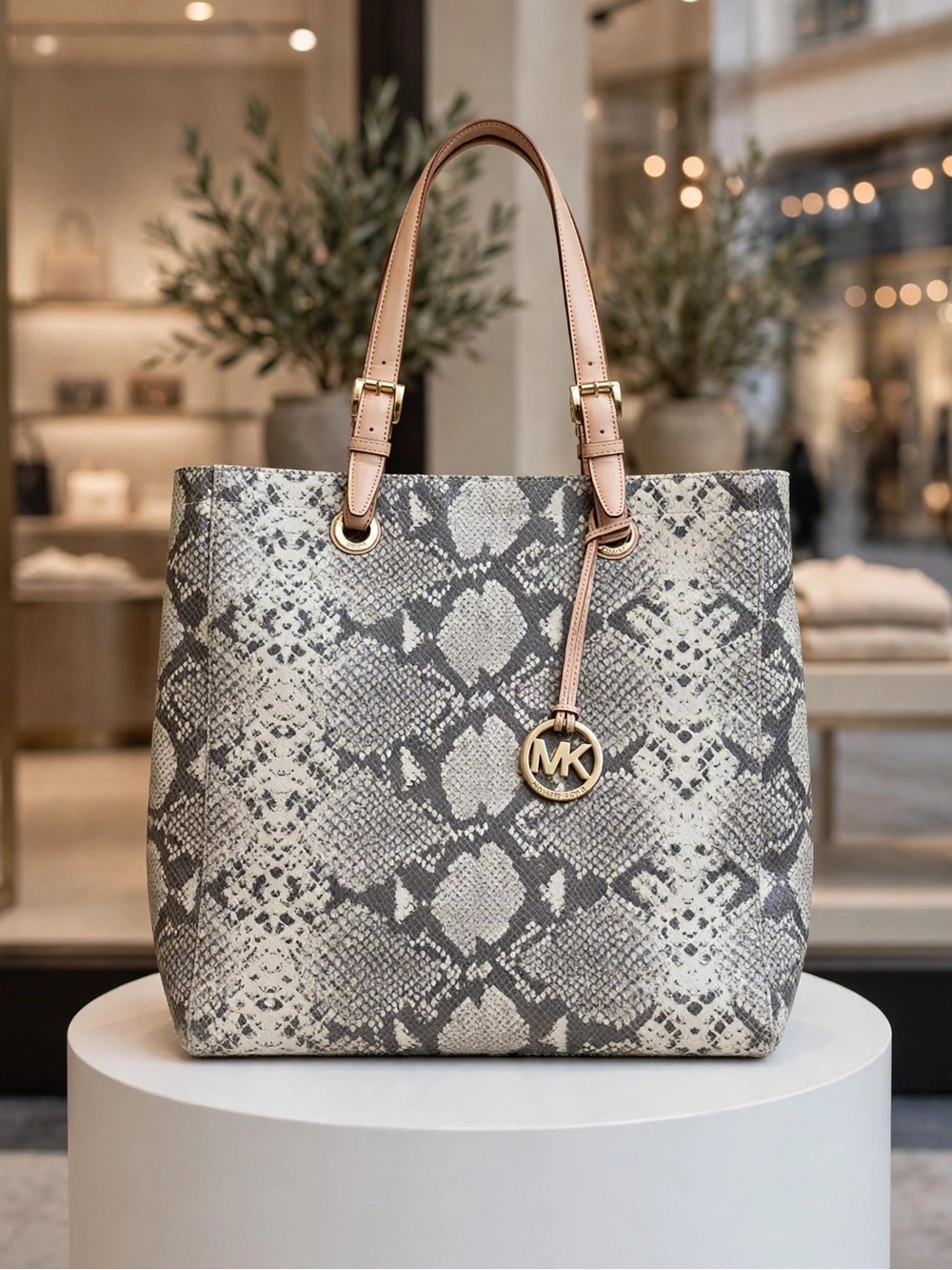 Michael Kors Snake-Print Tote with Blush Pink Handles